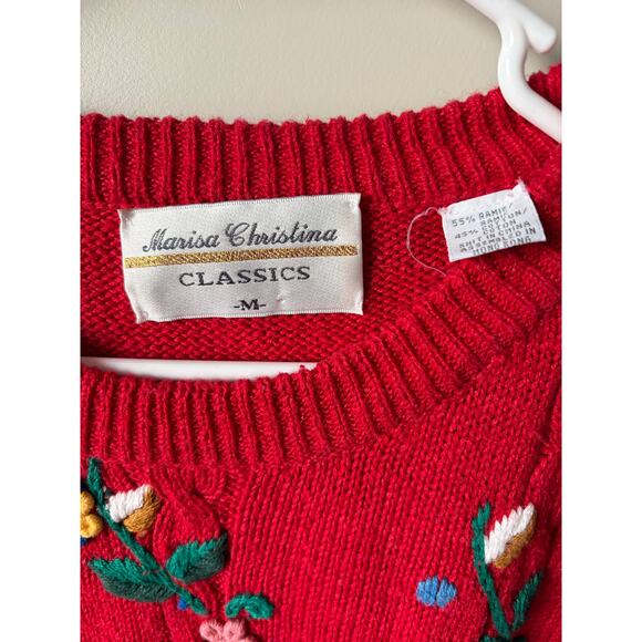VTG Unique Marissa Christina Cottagecore Red Floral Embroidered Knit Sweater- M - Picture 5 of 10